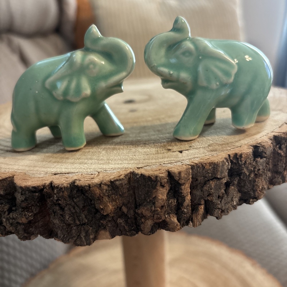 Vintage Le Pere Pottery Aqua Glazed Miniature Elephant Figurines 2